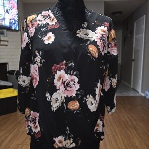 Apt. 9 Black Floral Wrap Blouse - Pink, White, Peach